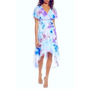 ELIZA J  Watercolor Floral Flutter High/Low Faux Wrap Dress